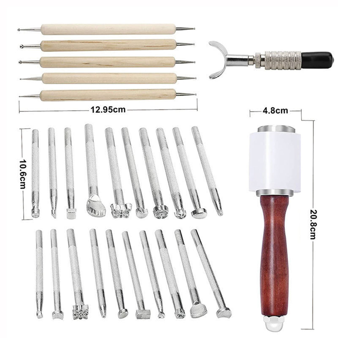 KIDENEI 31 PCS Leather Craft Set, Include 20 Leather Stamping Tools, 1 Leather Hammer, 1 Swivel Knife, 5 Tracing Pen and 4 Tracing Paper, Leather Carving Tools Kit for Leather Crafting