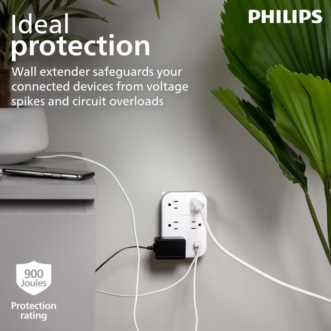 Philips EZFit 5-Outlet Extender Wall Tap with Surge Protection, Grounded Adapter, Charging Station, 3 Prong, 1 USB-A, 1 USB-C, 900J, White, SPP3513W/37 Retail $26.99
