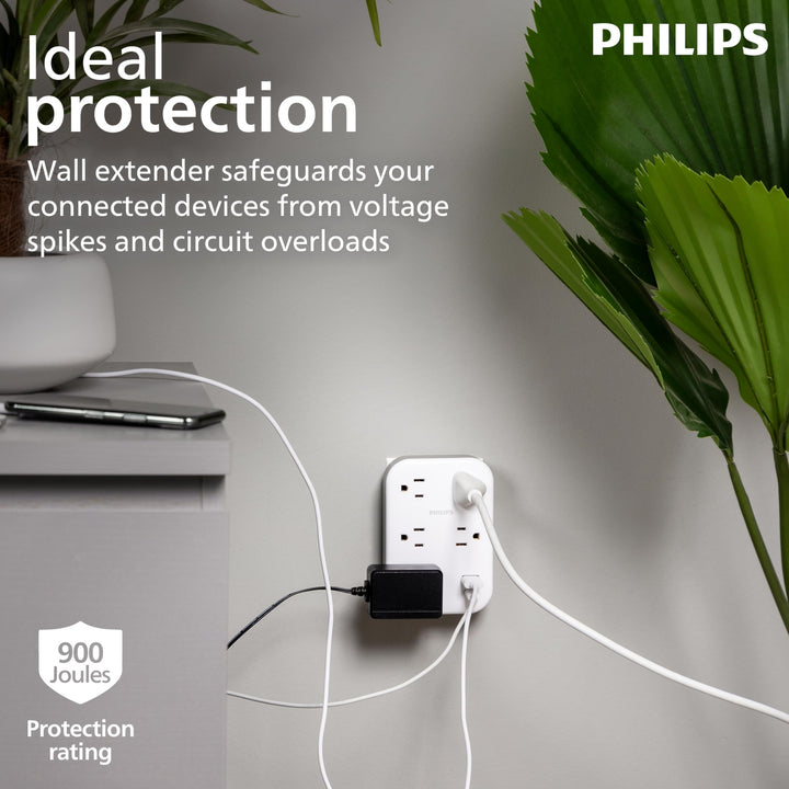 Philips EZFit 5-Outlet Extender Wall Tap with Surge Protection, Grounded Adapter, Charging Station, 3 Prong, 1 USB-A, 1 USB-C, 900J, White, SPP3513W/37 Retail $26.99