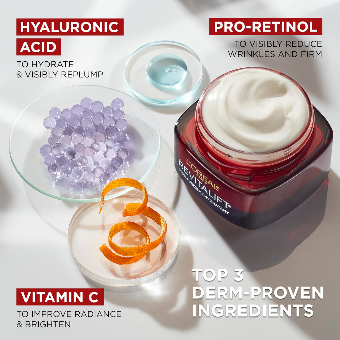 L'Oreal Paris Revitalift Triple Power Anti-Aging Face Moisturizer, Fragrance Free, Pro Retinol, Hyaluronic Acid & Vitamin C to Reduce Wrinkles, Firm & Brighten Skin, 2.55 Oz