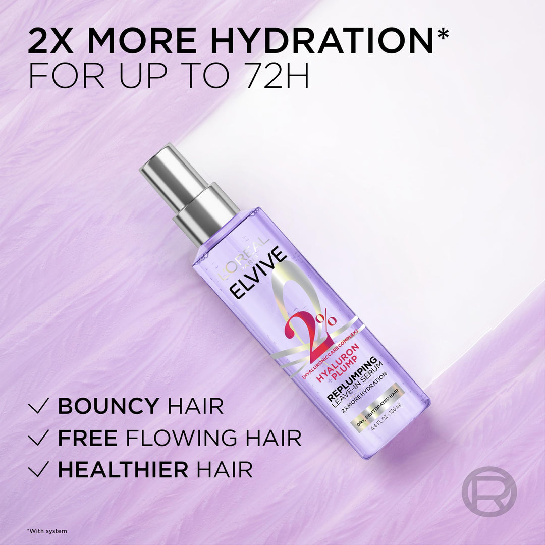 L'Oreal Paris Elvive Hyaluron Plump Moisture Plump Hair Serum for Dehydrated, Dry Hair with Hyaluronic Acid Care Complex, Paraben-Free, 4.4 Fl Oz