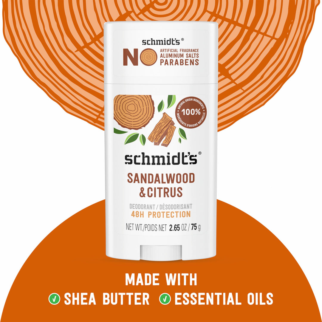Schmidt's Aluminum-Free Vegan Deodorant Sandalwood & Citrus for Women and Men, with 24 Hour Odor Protection, Natural Ingredients, Cruelty-Free, 2.65 oz