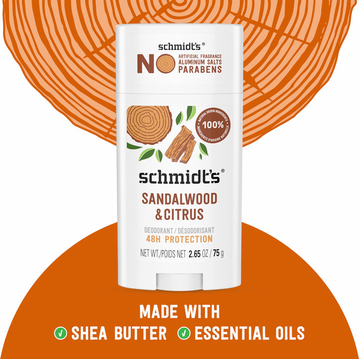 Schmidt's Aluminum-Free Vegan Deodorant Sandalwood & Citrus for Women and Men, with 24 Hour Odor Protection, Natural Ingredients, Cruelty-Free, 2.65 oz