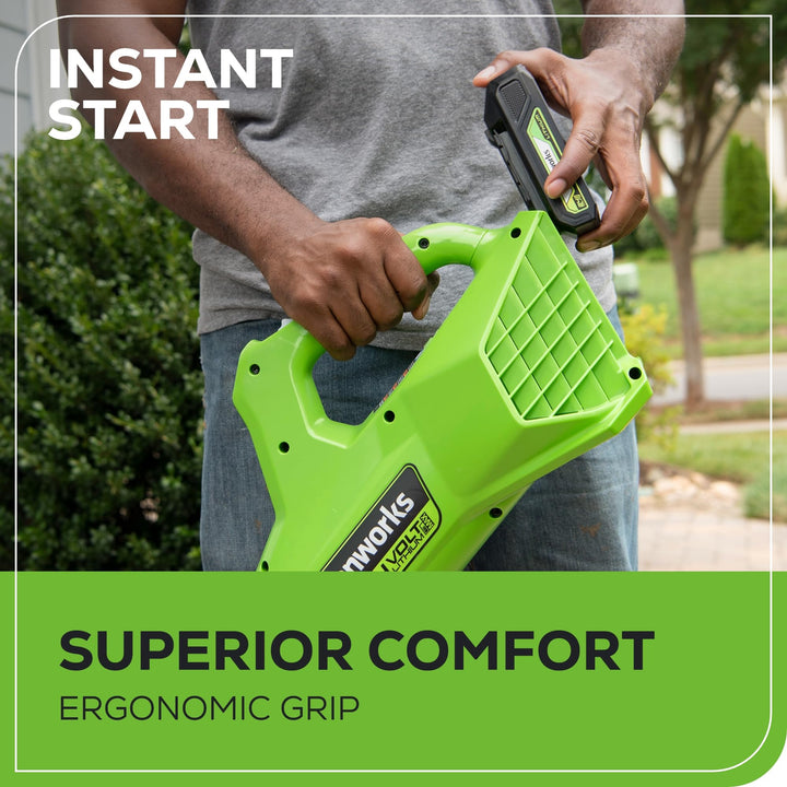 Greenworks 24V (90 MPH / 320 CFM / 200+ Compatible Tools) Cordless Axial Leaf Blower, 2.0Ah Battery and Charger Included