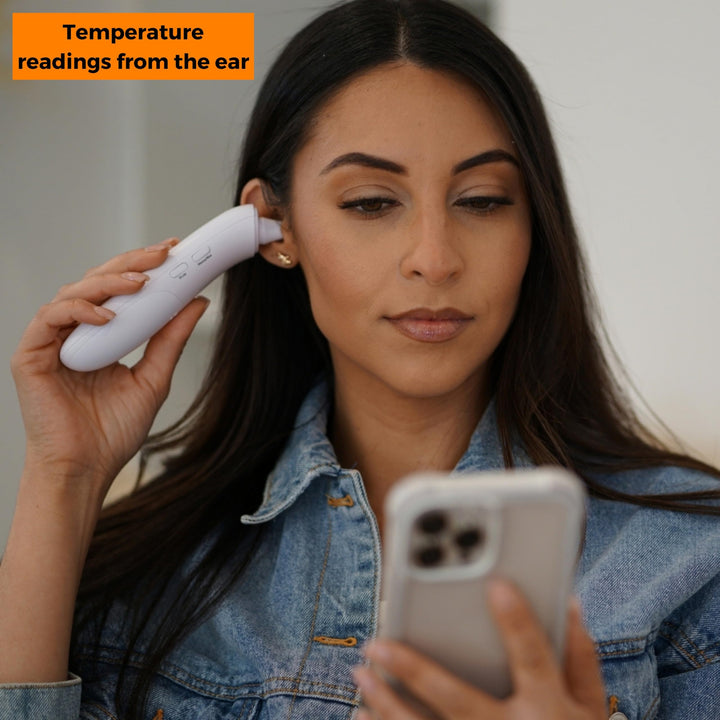 MOBI CONNECT Smart DualScan Bluetooth Ear & Forehead Thermometer - Backlit Screen, LED Fever Indicators, Memory Recall of Last 20 Readouts, Farenheit & Celsius Mode, Room Temperate with Date & Time Retail $24.00