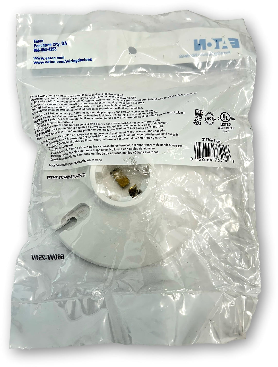 Eaton S1174W-F-LW Keyless Ceiling Lampholder; High-Temperature Plastic to Reduce Breakage; Keyless Switch; Medium Base; 14-10 AWG; for use with 3.75 or 4-inch Box; 250V/660W Retail $24.00