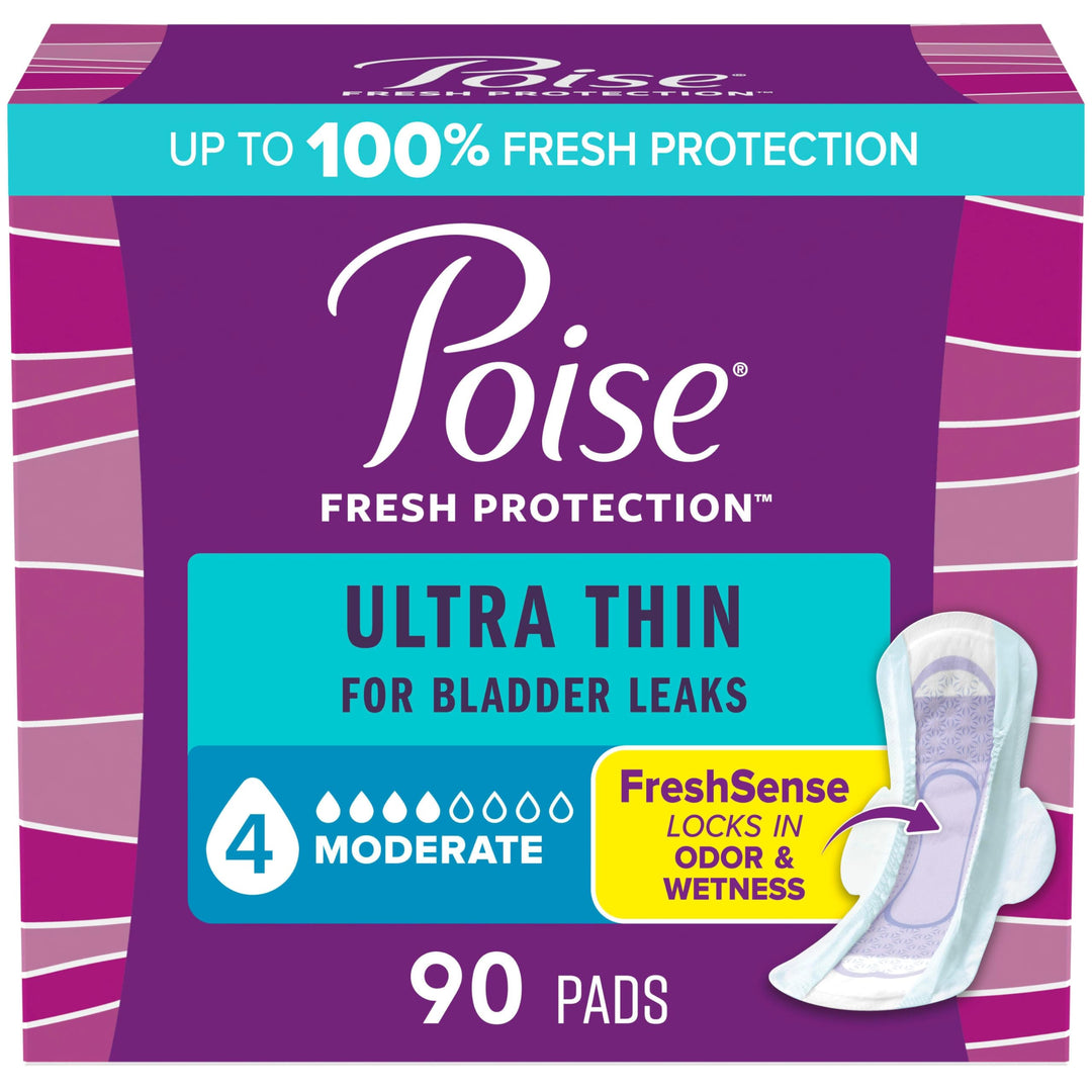 Poise Ultra Thin Incontinence & Postpartum Pads with Wings for Bladder Leaks, 4 Drop Moderate Absorbency, Regular Length, 26 pads Count, Packaging May Vary
