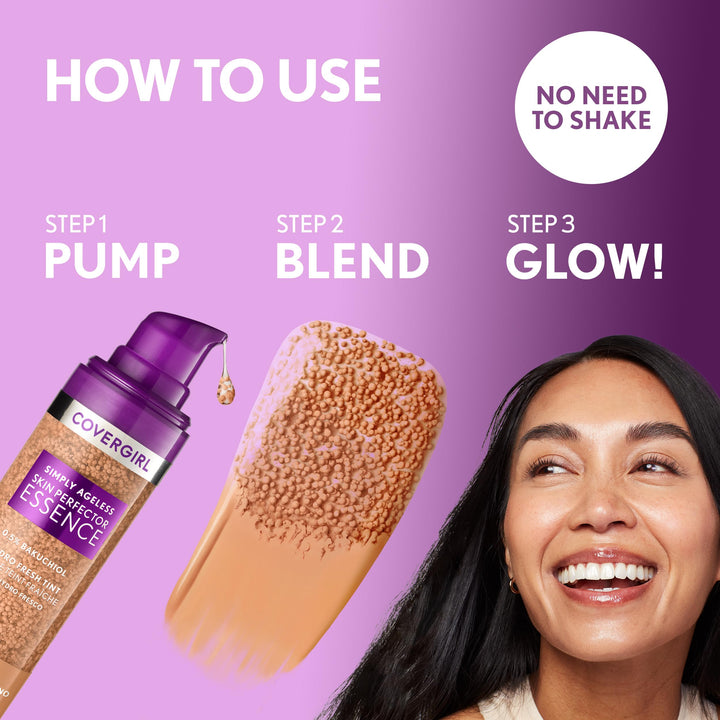 Covergirl Simply Ageless Skin Perfector Essence Foundation, 50 Medium-Tan, Tinted Skincare Makeup Hybrid, Sheer Tint, Radiant Finish, Glowy Finish, Vegan Formula, 1.0oz Retail $21.49