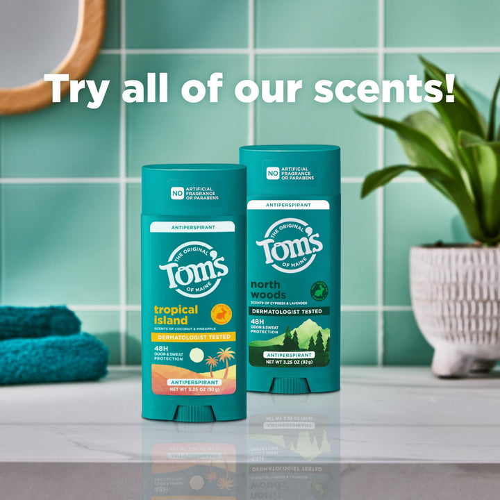 TomÃ¢â‚¬â„¢s of Maine North Woods Antiperspirant for Men and Women, No Artificial Fragrances, Dyes, or Preservatives, Baking Soda Free, 48-Hour Odor and Sweat Protection, 3.25 oz