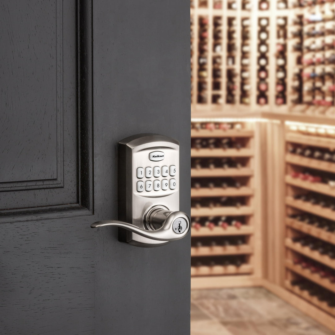 Kwikset SmartCode 917 Keypad Keyless Entry Traditional Residential Electronic Lever Deadbolt Alternative with Tustin Door Handle and SmartKey Security, Satin Nickel Retail $129.00
