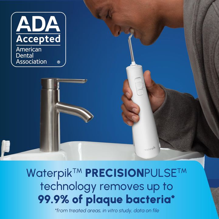 Waterpik Cordless Pulse Rechargeable Portable Water Flosser for Teeth, Gums, Braces Care and Travel with 2 Flossing Tips, Waterproof for Shower Use, ADA Accepted, WF-20 White, Packaging May Vary