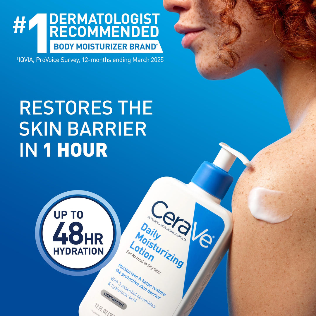 CeraVe Daily Moisturizing Lotion for Dry Skin, Body Lotion & Face Moisturizer with Hyaluronic Acid and Ceramides, Daily Moisturizer, Fragrance Free, Oil-Free, 12 Ounce