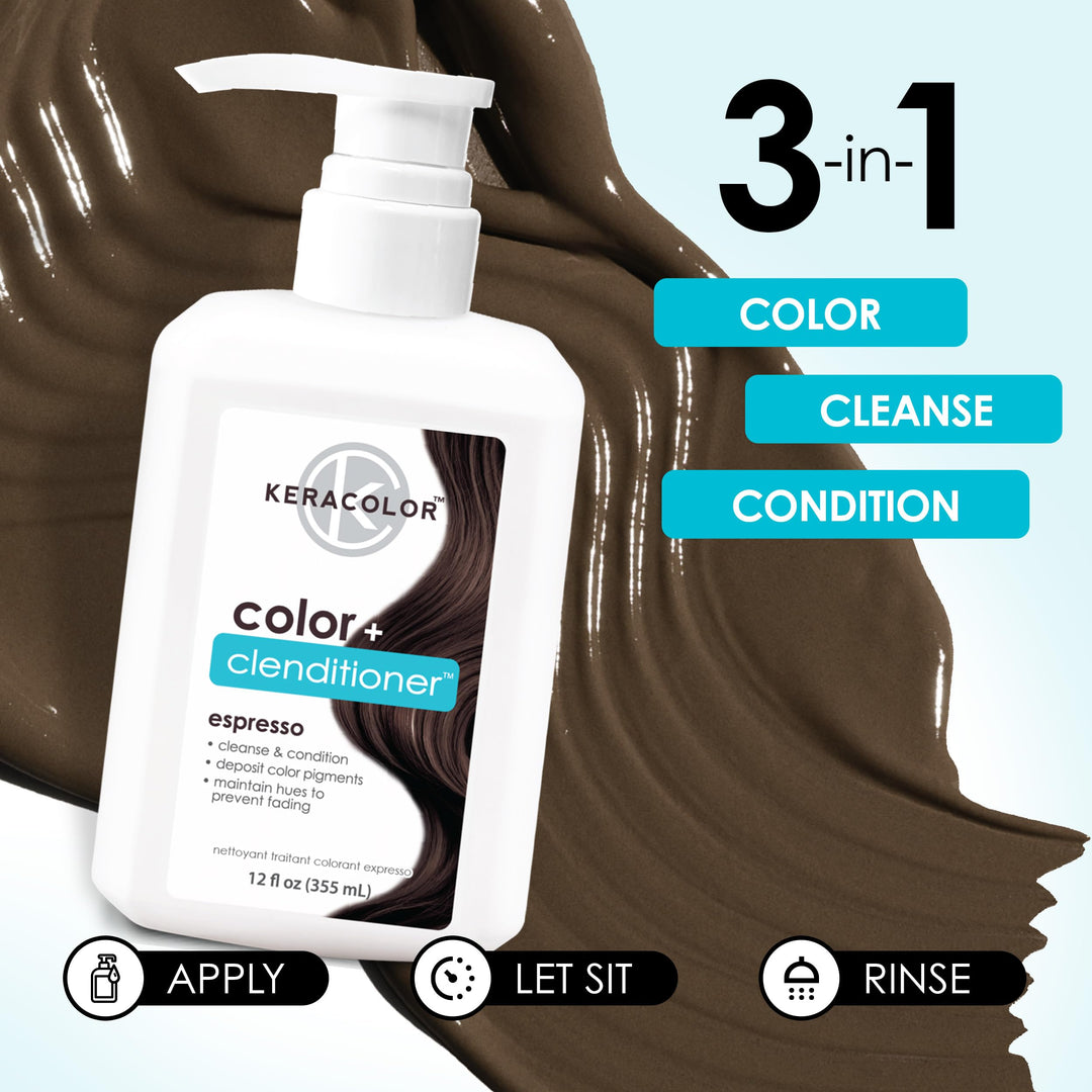 Keracolor Color + Clenditioner 3-in-1 Color-Depositing Conditioner, Gently Cleanses & Conditions, Semi-Permanent Espresso Hair Color, 12 Fl Oz