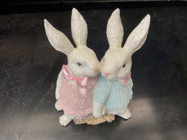 Glittering Bunny Couple Figurines - Pink and Blue Sweaters Retail $25.00