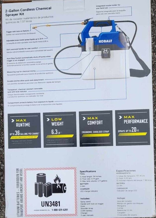 NEW KOBALT 2-GALLON CORDLESS CHEMICAL SPRAYER Battery & Charger Includet Retail $129.00
