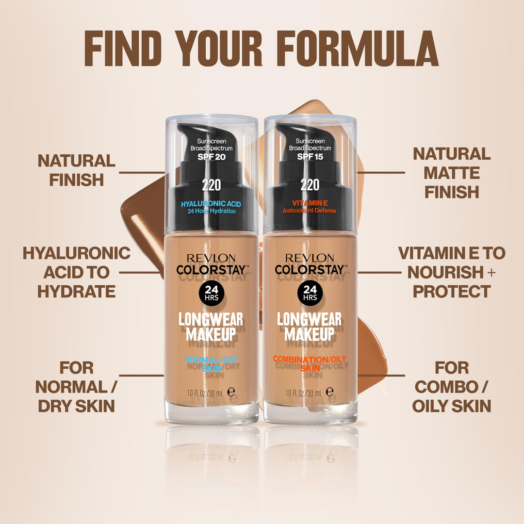 Revlon Liquid Foundation, ColorStay Face Makeup for Normal & Dry Skin, SPF 20, Longwear Medium-Full Coverage with Natural Finish, 135 Vanilla, 1 Fl Oz