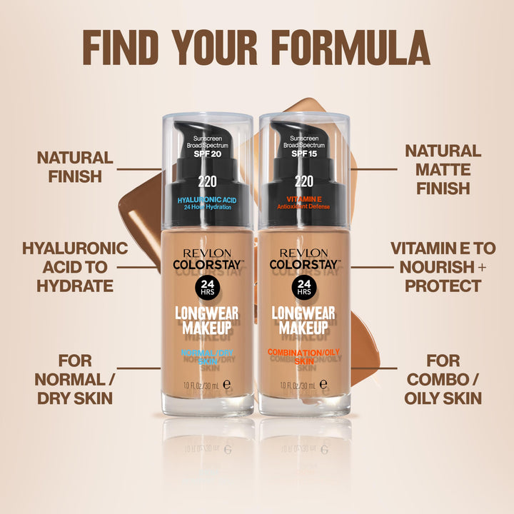 Revlon Liquid Foundation, ColorStay Face Makeup for Normal & Dry Skin, SPF 20, Longwear Medium-Full Coverage with Natural Finish, 135 Vanilla, 1 Fl Oz