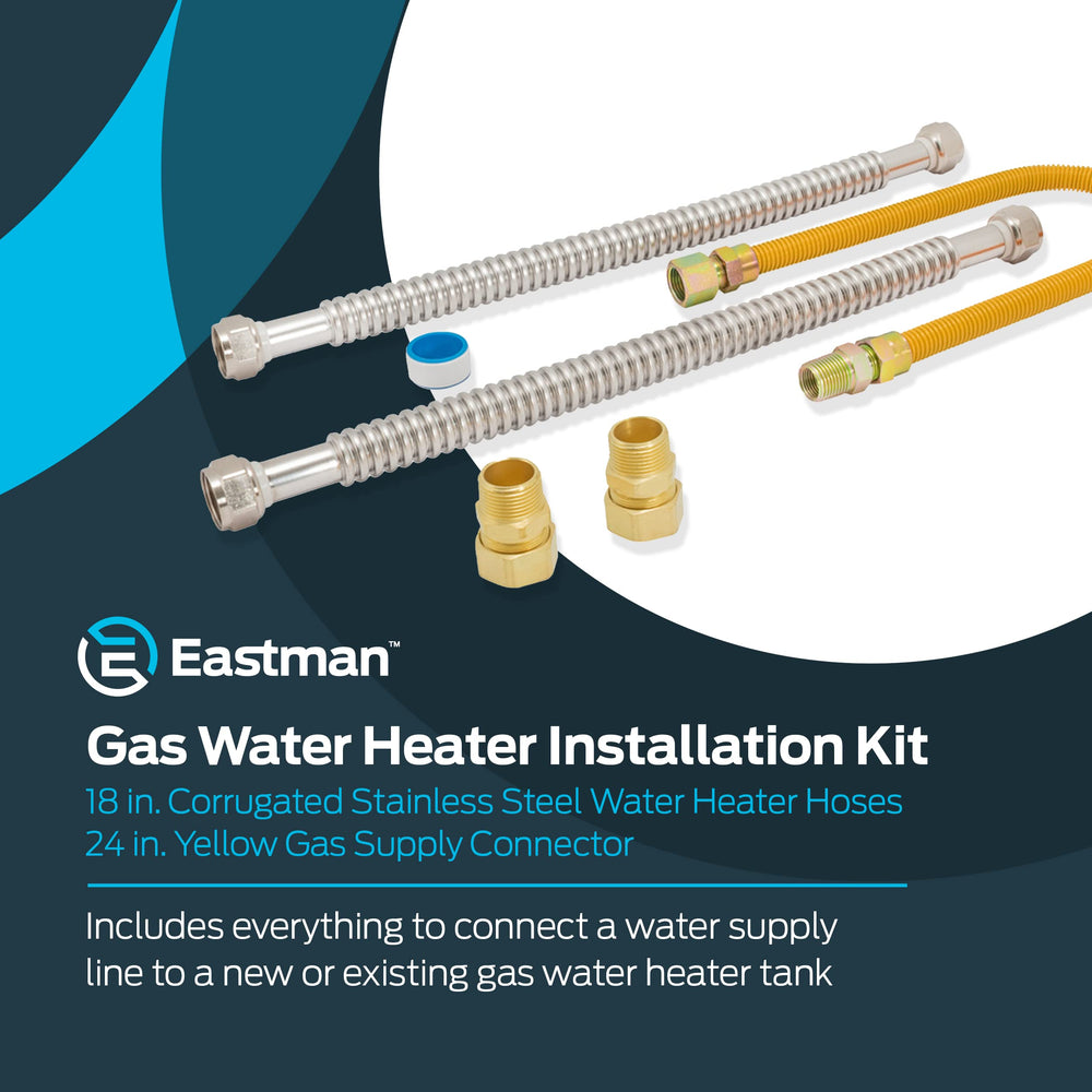 Eastman Gas Water Heater Installation Kit, 18 Inch Corrugated Stainless Steel Water Heater Hoses, 24 Inch Yellow Gas Supply Connector, 48280 Retail $72.23