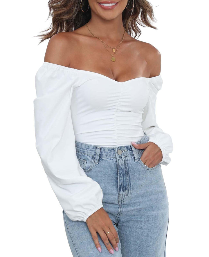 DEOLINA Womens Sexy Sweetheart Neck Bodysuit Tops Cute Long Sleeve Ruched Bodysuits Stretch Leotard (White,M)