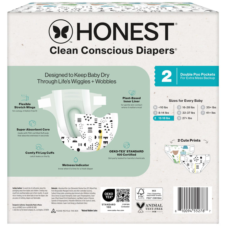 The Honest Company Comfort Dry Disposable Diapers for Sensitive Skin, Hypoallergenic, Fragrance-Free, Turtle Time + Pattern Play, Club Box Size 2 (12-18 lbs), 72 Count