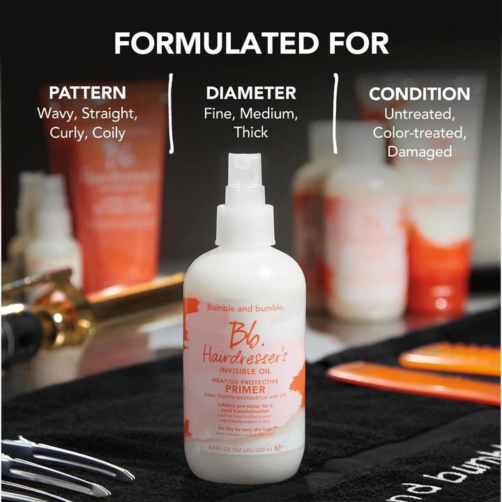 Bumble and bumble. Hairdresser's Invisible Oil Heat/UV Protection Leave-In Conditioner Hair Primer | Hydrating, Anti Frizz, Color Safe | Straight, Coily | With Argan + Coconut Oil, 8.5 Fl Oz Retail $34.00