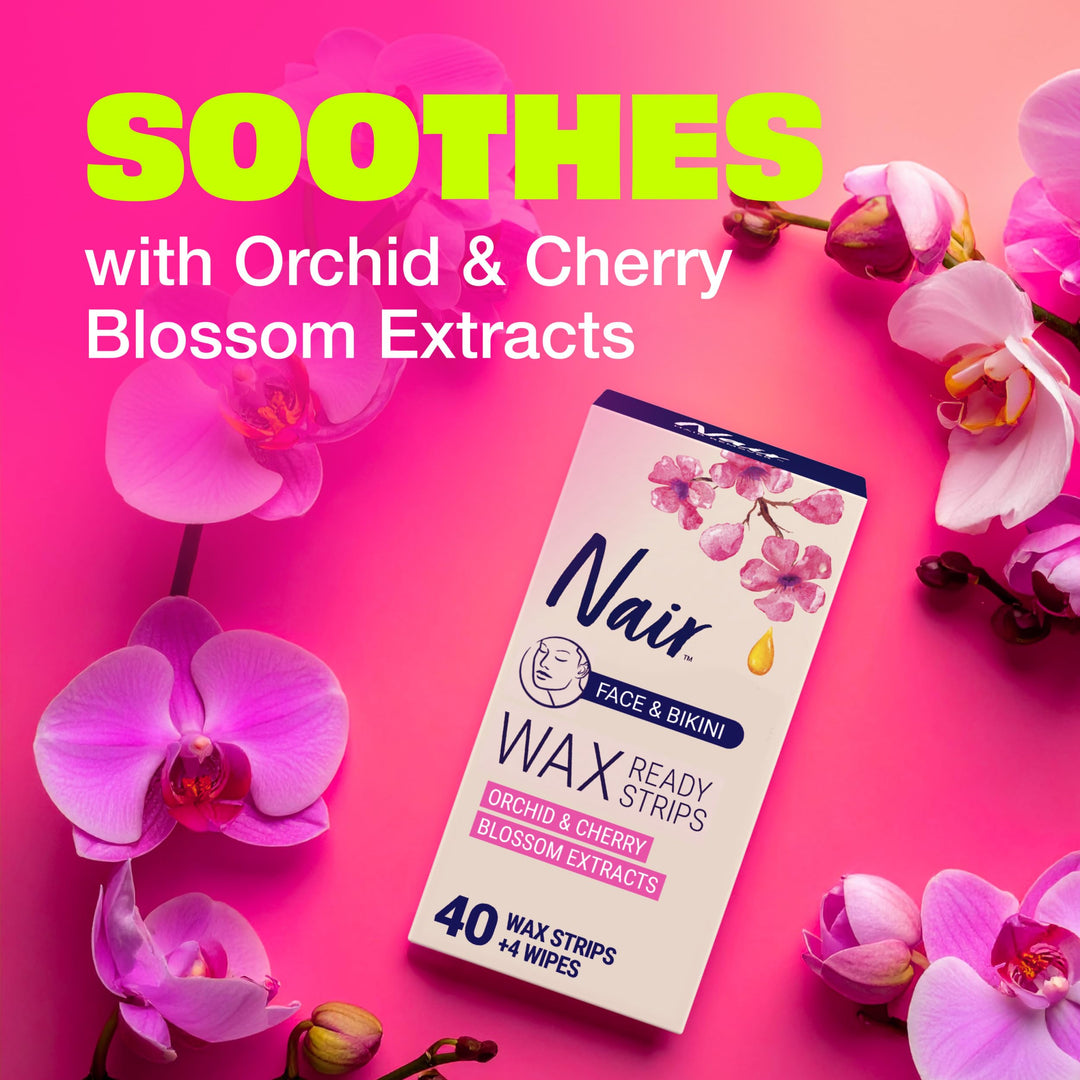 Nair Hair Remover Wax Ready Strips, Face and Bikini Hair Removal Wax Strips, Orchid and Cherry Blossom Extracts, Dermatologist Tested, Plus 4 Non-Flushable Post Wipes, 40 Count Retail $7.98