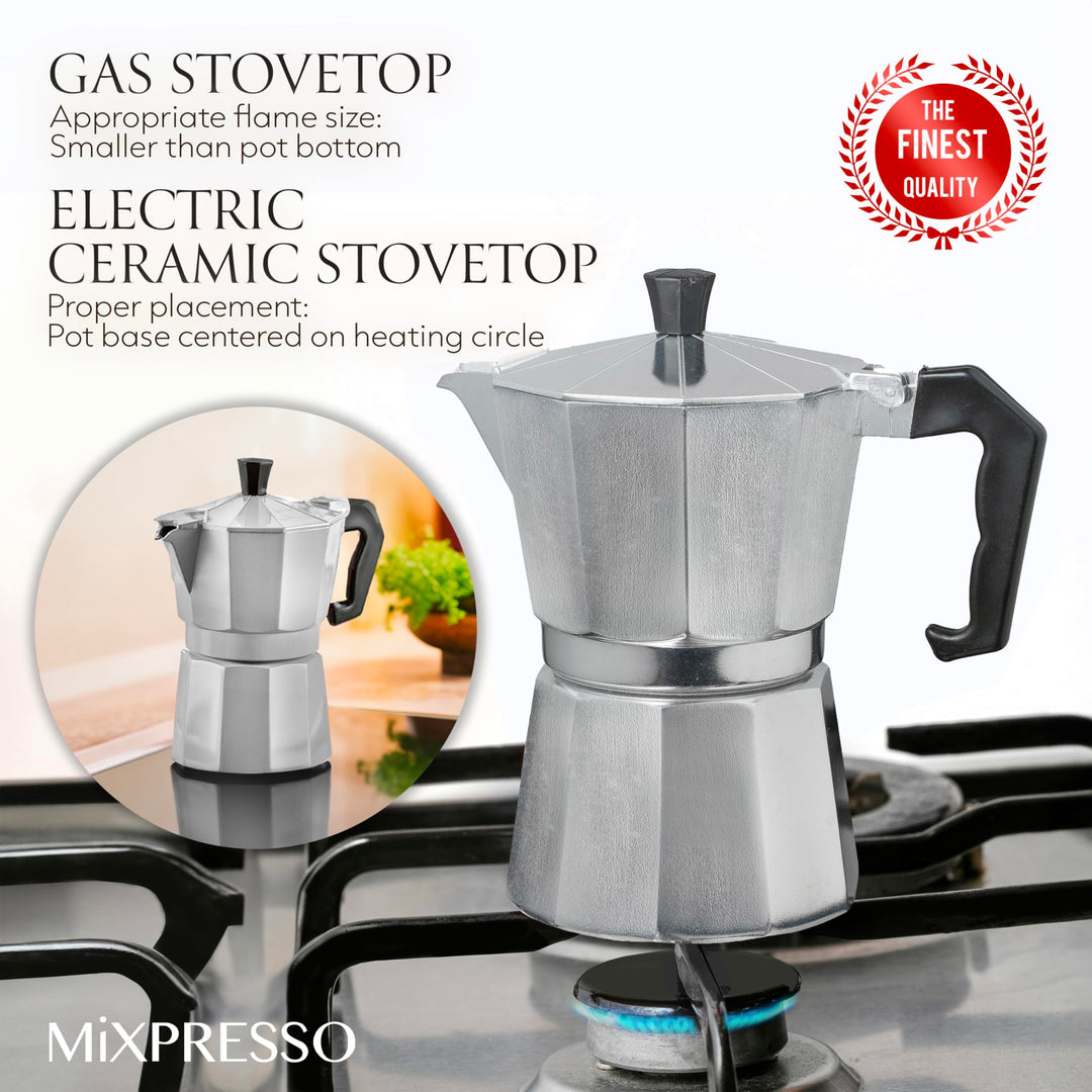 Mixpresso 3 Cup Moka Pot Cuban Coffee Maker, Moka Pot for Gas, Electric Stove Top, Classic Italian Coffee Maker, Stovetop Espresso Maker, Camping Pot Makes 3 Espresso Cup 5 Oz