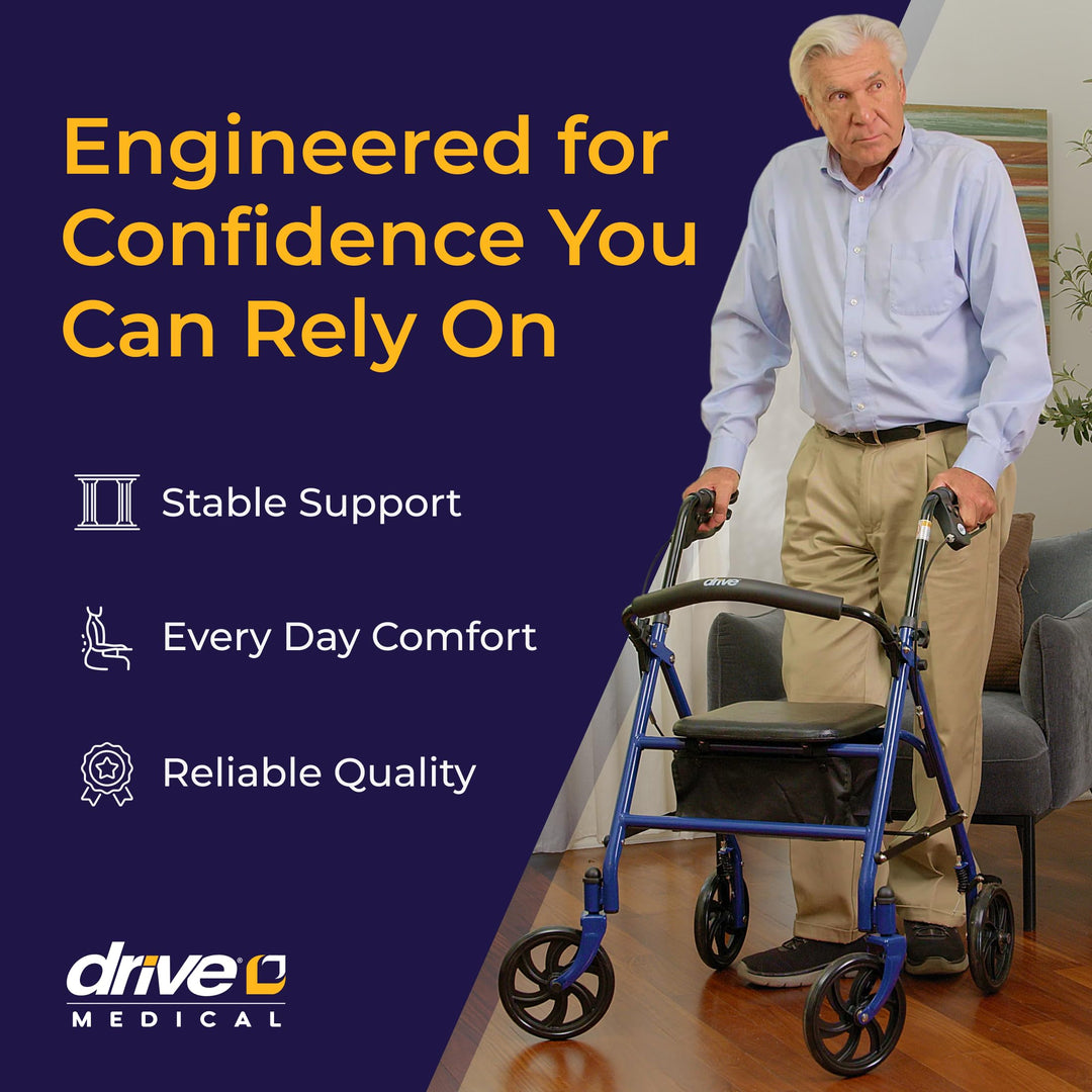 Drive Medical Rollator Walker with Seat - Stable Mobility Support - Height Adjustable - Durable Steel Frame Construction - Smooth 7.5" Wheels - Foldable - 350 Lb Limit - Blue Retail $53.99