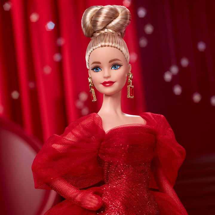 Barbie Signature Doll, Mattel 80th Anniversary Collectible in Glittery Red Tulle Gown with Drop Earrings and Sheer Gloves, Blonde Hair Retail $64.80