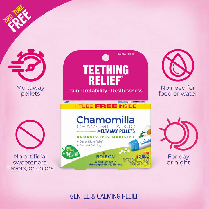 Boiron Chamomilla 30C Homeopathic Medicine for Teething Relief, Pain, Irritability, and Restlessness - 3 Count (240 Pellets)