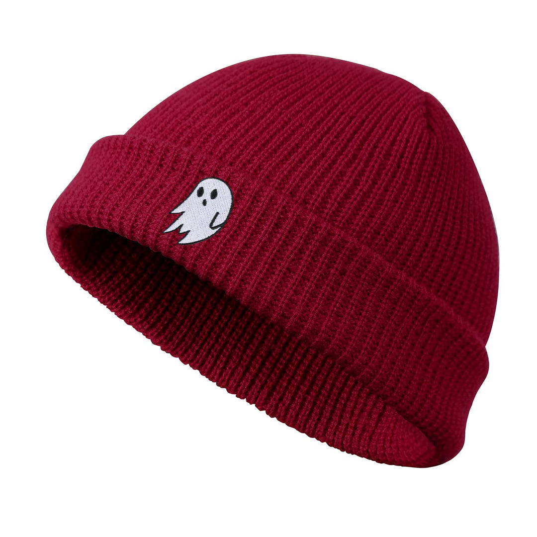 LHSCVUFASC Halloween Ghost Hat Boo Winter Short Knit Beanie Hats for Men Women Soft Warm Unisex Skull Cap Daily Burgundy red Retail $9.00