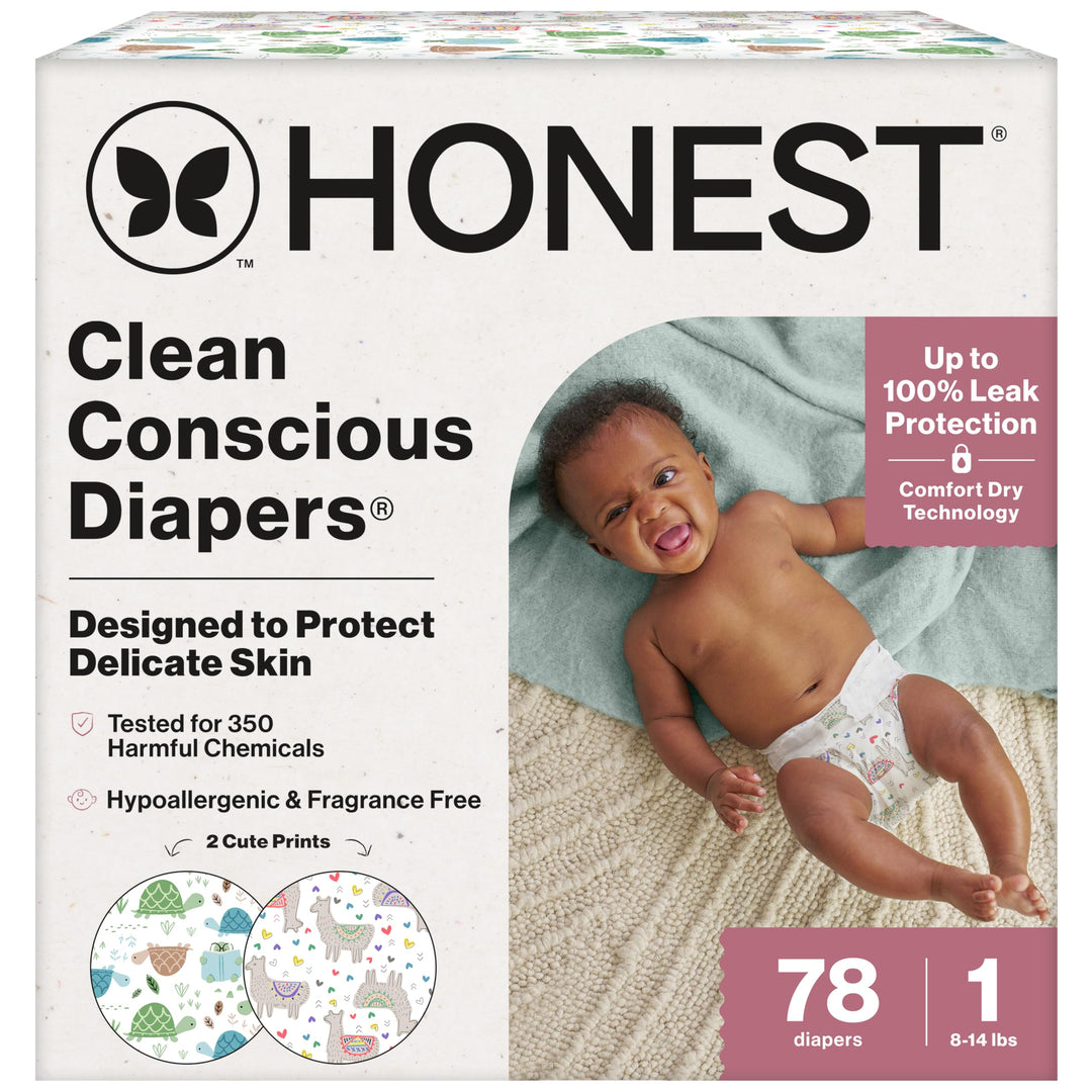 The Honest Company Comfort Dry Disposable Diapers for Sensitive Skin, Hypoallergenic, All The Alpacas + Turtle Time, Club Box Size 1 (8-14 lbs) 78 Count Retail $29.99