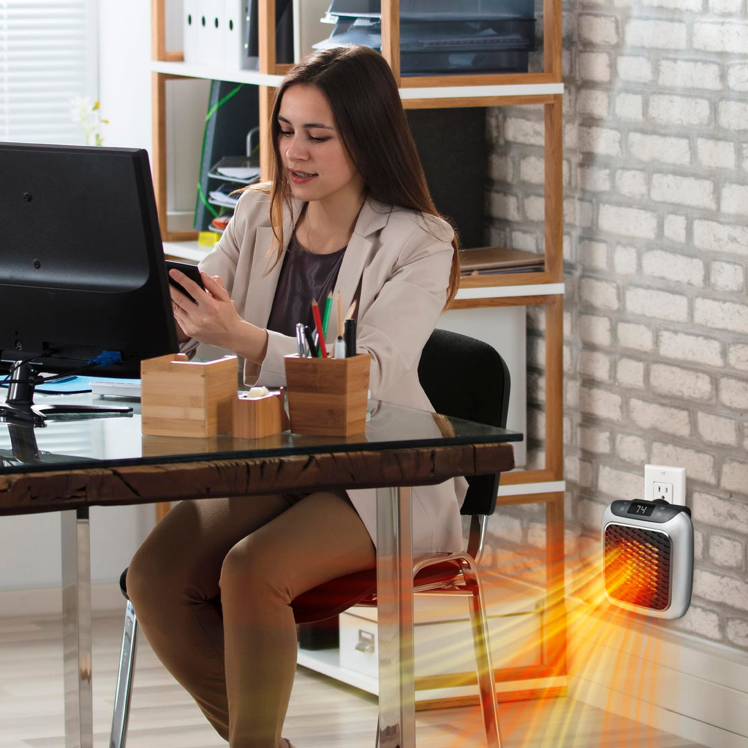 Ontel Handy Heater Turbo Wall Outlet Plug In Heater – Portable Indoor Ceramic Space Heater w/Adjustable Thermostat, 12-Hour Timer, Auto Shut Off, Quiet – Plug In Wall for Office, Bedroom, Camping Retail $29.99