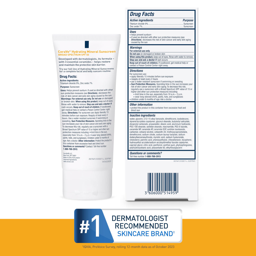 CeraVe 100% Mineral Sunscreen SPF 50, Face sunscreen With Zinc Oxide & Titanium Dioxide, Hyaluronic Acid + Niacinamide + Ceramides, Oil Free, Travel Size 2.5 oz