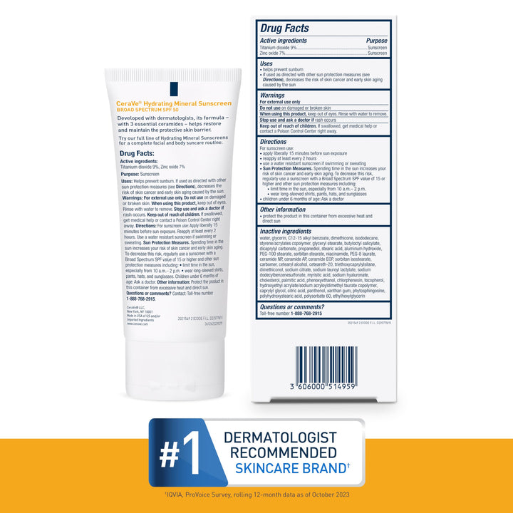 CeraVe 100% Mineral Sunscreen SPF 50, Face sunscreen With Zinc Oxide & Titanium Dioxide, Hyaluronic Acid + Niacinamide + Ceramides, Oil Free, Travel Size 2.5 oz