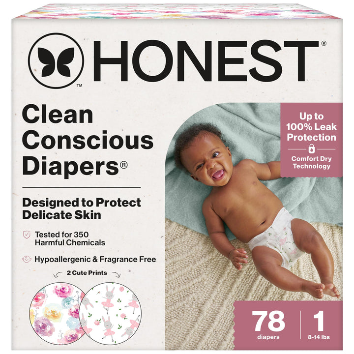 The Honest Company Comfort Dry Disposable Diapers for Sensitive Skin, Hypoallergenic, Rose Blossom + Tutu Cute, Club Box Size 1 (8Ã¢â‚¬â€œ14 lbs), 78 Count
