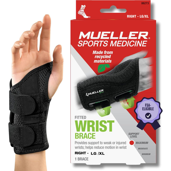 MUELLER Sports Medicine Green Fitted Wrist Brace for Men and Women, Wrist Pain Relief Support, Ideal for Carpal Tunnel, Tendonitis, Arthritis, Right Hand, Black, Large/X-Large