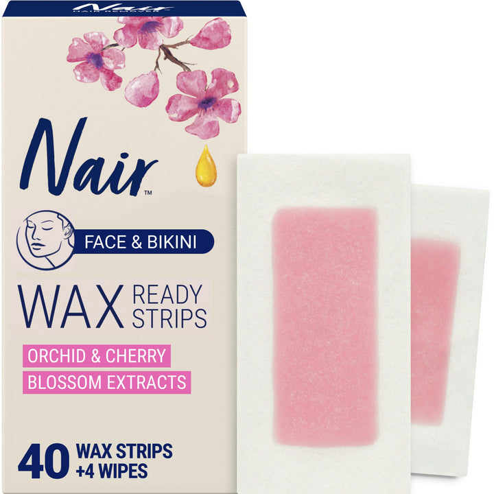 Nair Hair Remover Wax Ready Strips, Face and Bikini Hair Removal Wax Strips, Orchid and Cherry Blossom Extracts, Dermatologist Tested, Plus 4 Non-Flushable Post Wipes, 40 Count Retail $7.98