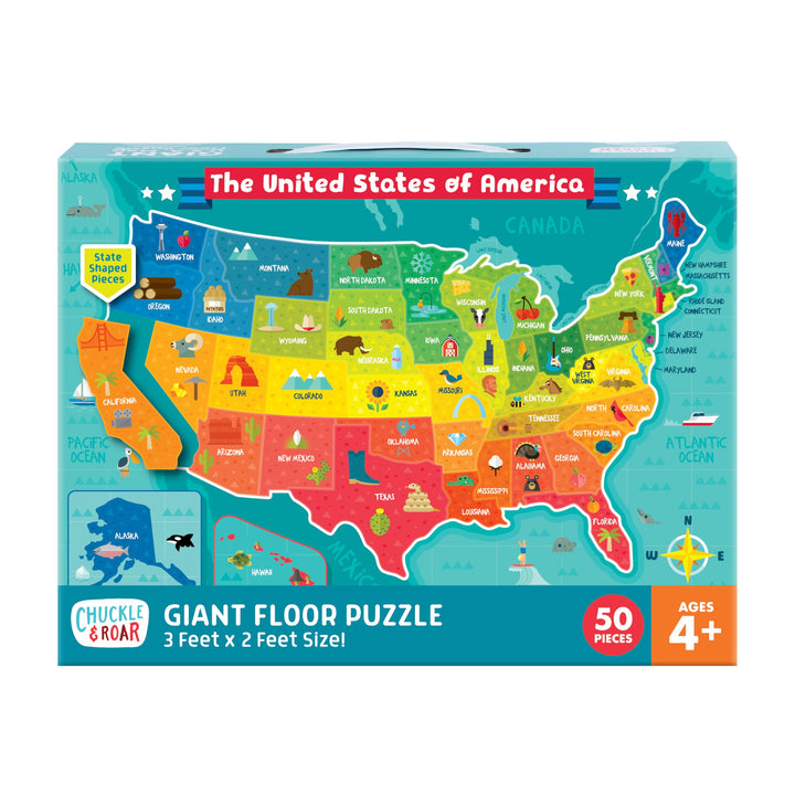 Chuckle & Roar - USA Map Floor Puzzle for Kids - Giant Puzzle with 50 State-Shaped Pieces - Educational Geography Puzzle for Preschool Hands - 3 ft x 2 ft Jumbo America Puzzle Ages 4+ Retail $16.99