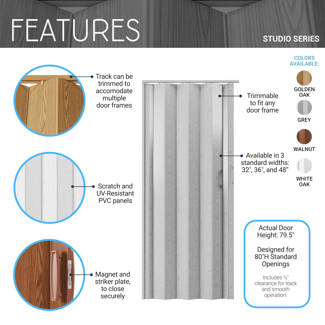 Techni Home Studio Series 48" W x 80" H PVC Foldable Accordion Door, Trimmable, Flexible Single Layer Panels, White Oak Retail $67.00