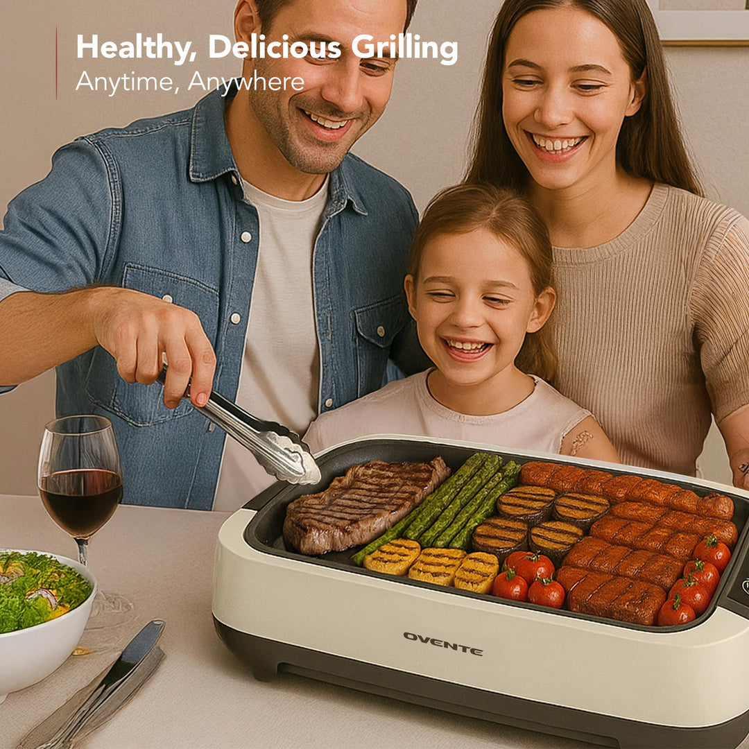 OVENTE Smokeless Indoor Grill, 1500W Electric Portable Korean BBQ Grill with One-Touch Control, LED Smart Display, Tempered Glass Lid, Two Removable Non-Stick and Dishwasher Safe Plates, White SGR85W