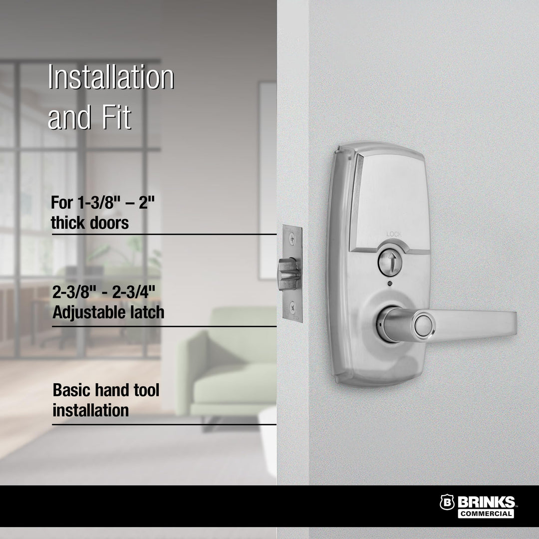 BRINKS ANSI Grade 2 Keypad Door Lock with Handle for Commercial & Residential Use, Keyless Entry Door Lock, 99 User Codes, Auto-Relock, Battery with Backup Keyway (Satin Nickel) Retail $156.84