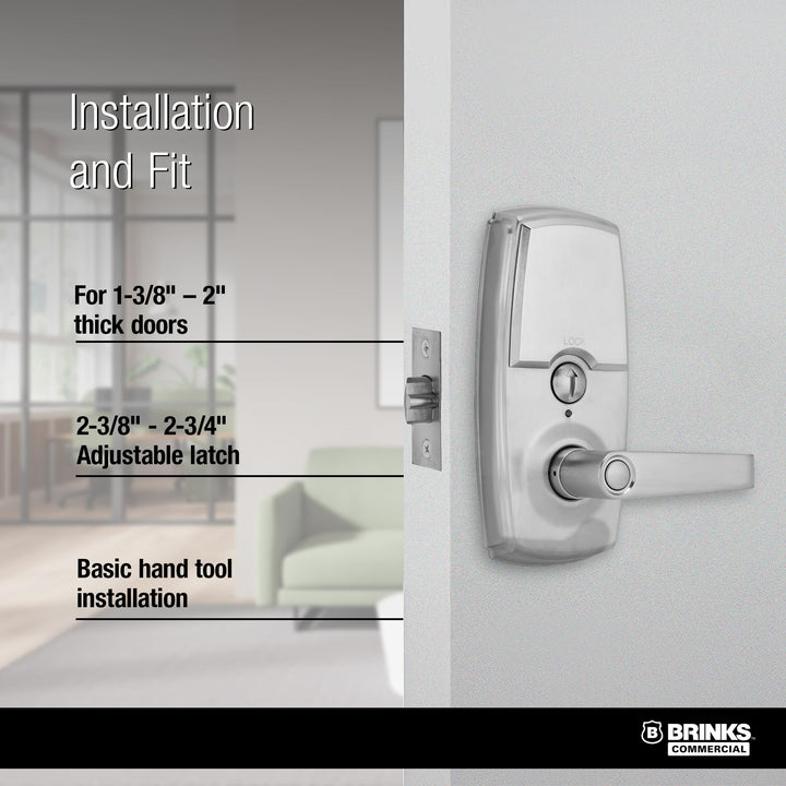 BRINKS ANSI Grade 2 Keypad Door Lock with Handle for Commercial & Residential Use, Keyless Entry Door Lock, 99 User Codes, Auto-Relock, Battery with Backup Keyway (Satin Nickel) Retail $156.84