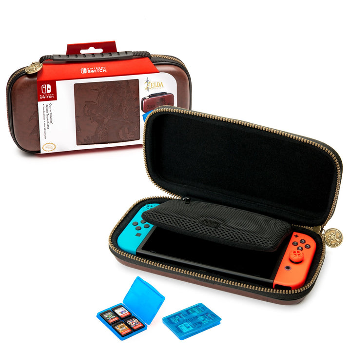 Officially Licensed Nintendo Switch Deluxe Zelda Link Travel Case – Premium Hard Case Made with Koskin Saddle Leather Embossed with Zelda Breath of The Wild Art 2 Game Cases Retail $19.99