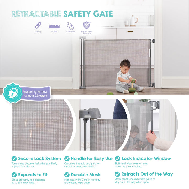 Regalo Safety 50" Extra Wide Retractable Baby Gate, Mesh Safety Gate for Doorways, Hallways & Bottom of Stairs, Hardware Mounted Gate for Babies, Toddlers & Pets, Lock Indicator Window, Gray Retail $34.98