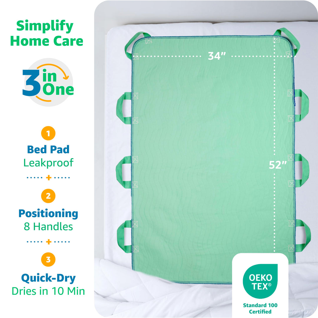 Improvia Positioning Bed Pad, with 8 Reinforced Handles, Quick-Drying, Washable, Waterproof, for Lifting, Turning, Transfering, Elderly and Incontinence Patients (Green, 34" x 52" - Pack of 1)