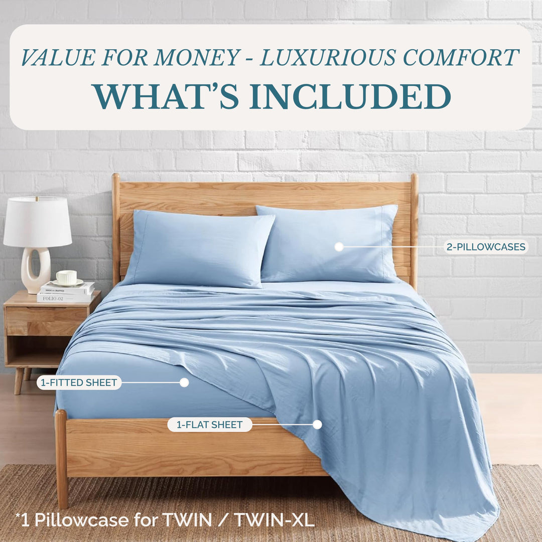 Casa Platino 3 Piece Set Includes Twin Flat Sheet, Fitted Sheet and 1 Pillowcase, Ultra Soft Hydro-Brushed Microfiber, Twin Size Sheets Set with Deep Pockets - French Blue Retail $35.99