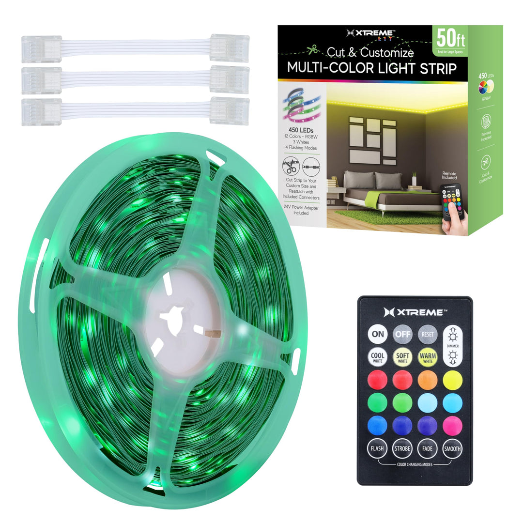 XTREME Multicolored LED Strip Lights with Remote, 50 Foot RGBW Lights Strip with Adhesive Backing, Cut & Reconnect, Dimmable, 15 Colors, 450 LED Lights, 4 Modes Including Strobe, Flash, Fade & Smooth Retail $59.99