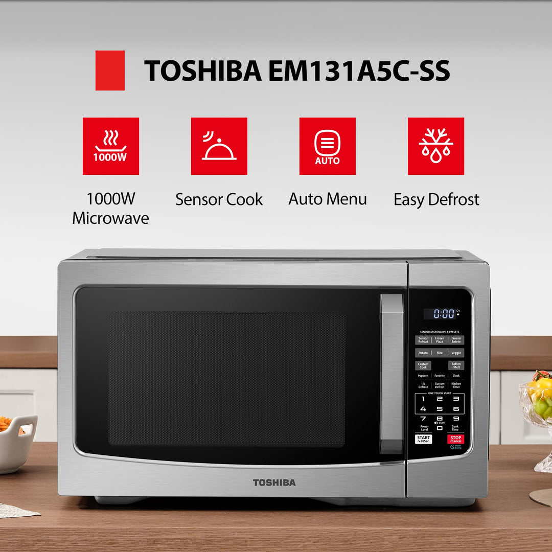 TOSHIBA EM131A5C-SS Countertop Microwave Ovens 1.2 Cu Ft with 12.4" Removable Turntable Smart Humidity Sensor, 12 Auto Menus Mute Function ECO Mode Easy Clean Interior, 1000W, Silver