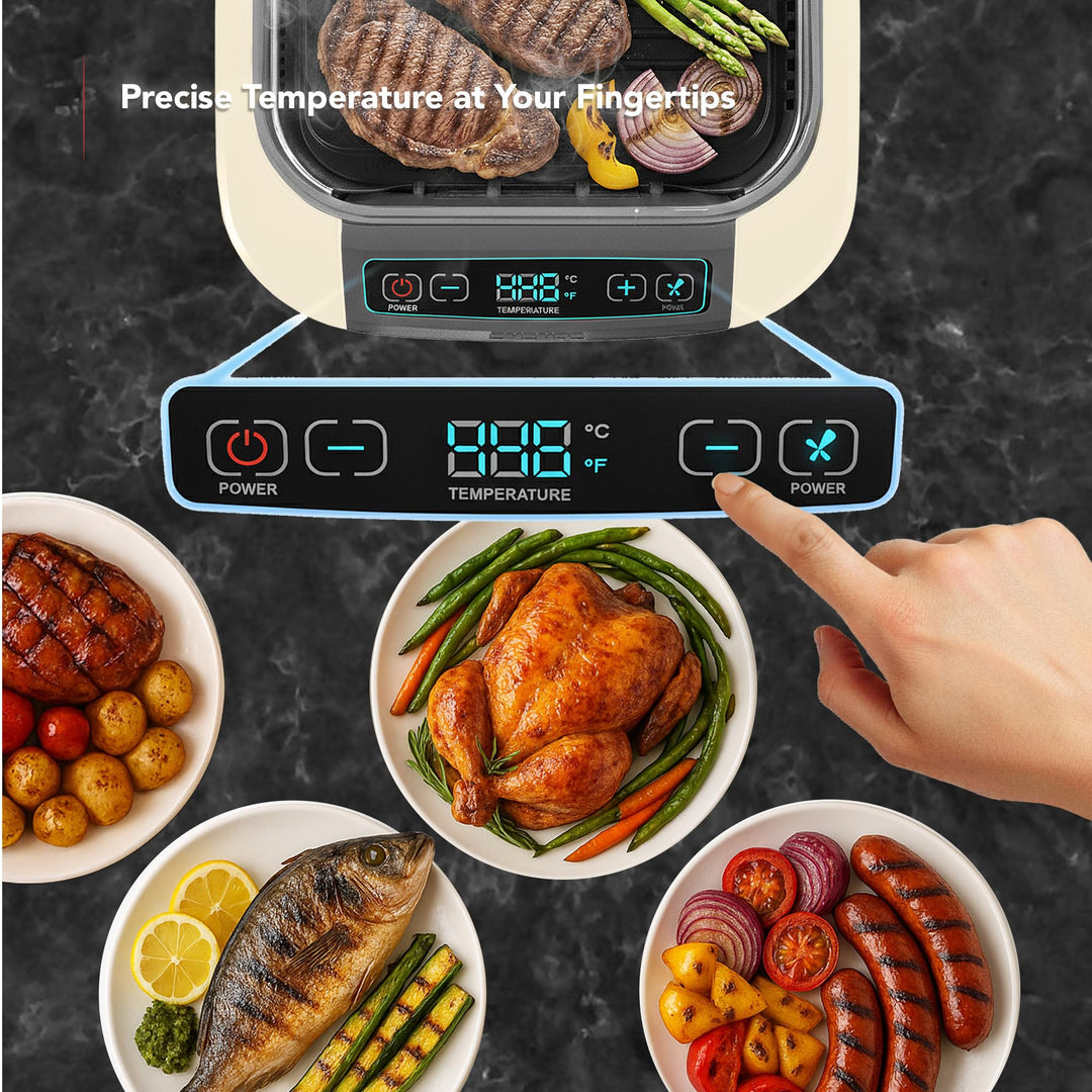OVENTE Smokeless Indoor Grill, 1500W Electric Portable Korean BBQ Grill with One-Touch Control, LED Smart Display, Tempered Glass Lid, Two Removable Non-Stick and Dishwasher Safe Plates, White SGR85W